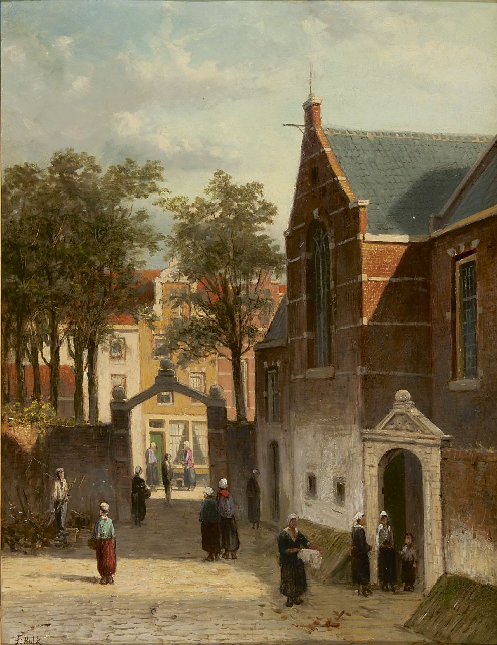 Hulk sr. J.F.  | Johannes Frederik Hulk sr., Bedrijvigheid op een Hollands kerkplein, olieverf op paneel 46,0 x 35,4 cm, gesigneerd linksonder