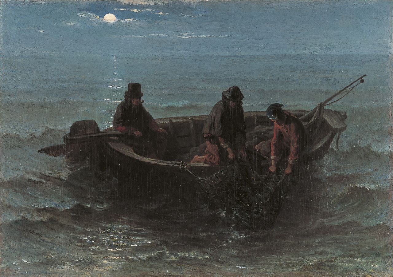 Israëls J. | Jozef Israëls, Het binnenhalen van de vangst bij maanlicht, olieverf op paneel 32,5 x 46,1 cm, gesigneerd linksonder en te dateren ca. 1861-1864 Israëls J. | Jozef Israëls, Het binnenhalen van de vangst bij maanlicht, olieverf op paneel 32,5 x 46,1 cm, gesigneerd linksonder en te dateren ca. 1861-1864