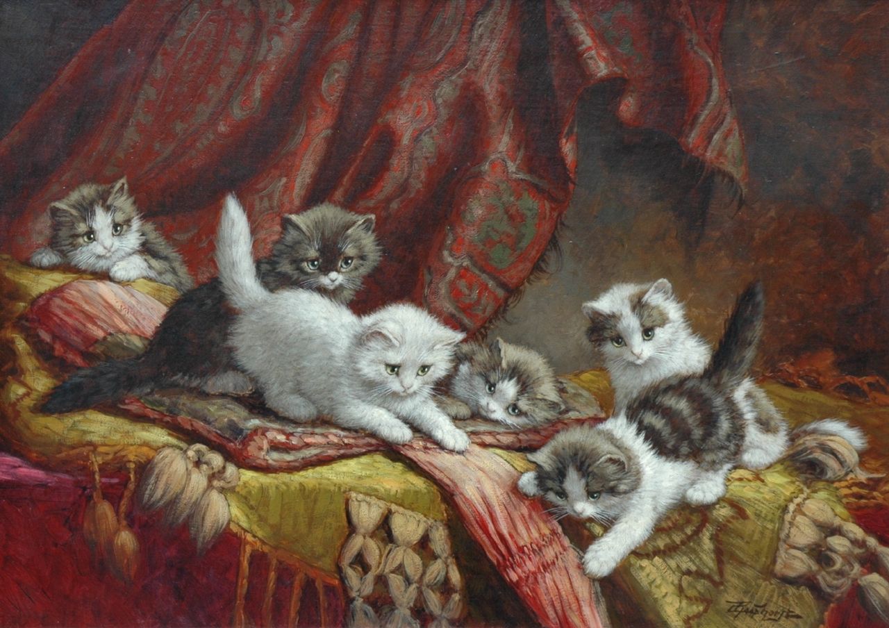 Raaphorst C. | Cornelis Raaphorst, Zes spelende katjes op een kussen, olieverf op doek 50,3 x 70,4 cm, gesigneerd rechtsonder Raaphorst C. | Cornelis Raaphorst, Zes spelende katjes op een kussen, olieverf op doek 50,3 x 70,4 cm, gesigneerd rechtsonder