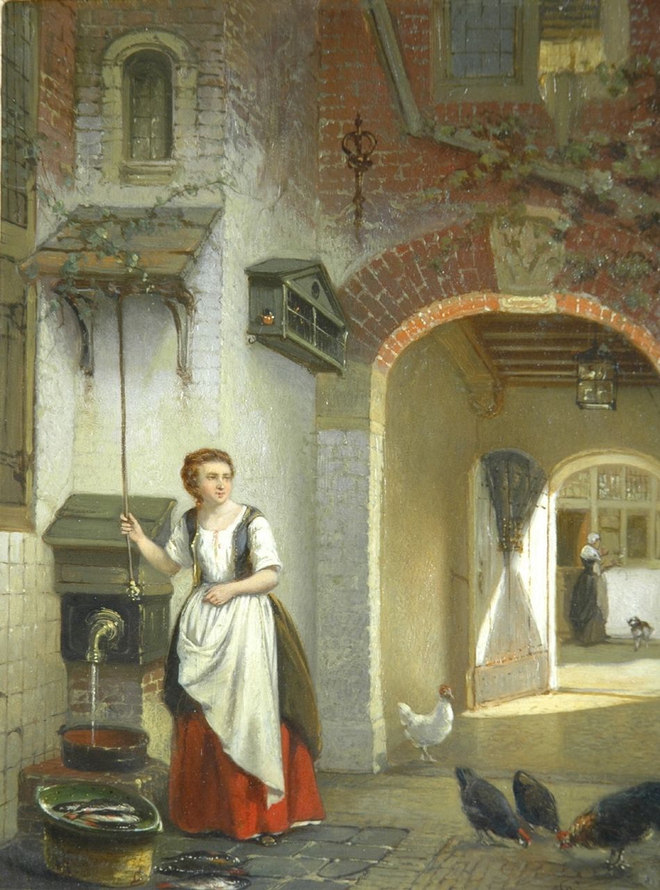 Stroebel J.A.B.  | Johannes Anthonie Balthasar Stroebel, Keukenmeid op een oudhollands binnenplaatsje, olieverf op paneel 26,1 x 20,4 cm, gesigneerd rechtsonder