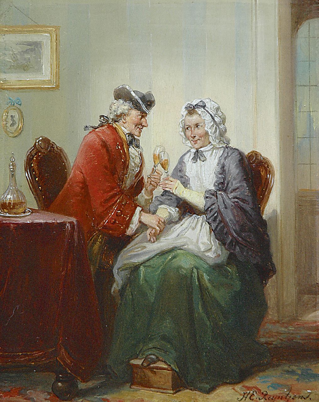 Reijntjens H.E. | Henricus Engelbertus Reijntjens | Schilderijen te koop aangeboden | De bezegeling van het aanzoek, olieverf op paneel 19,3 x 15,1 cm, gesigneerd rechtsonder Reijntjens H.E. | Henricus Engelbertus Reijntjens | Schilderijen te koop aangeboden | De bezegeling van het aanzoek, olieverf op paneel 19,3 x 15,1 cm, gesigneerd rechtsonder