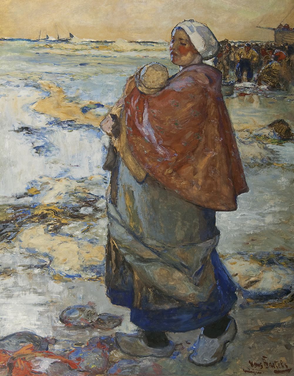 Bartels H. von | Hans von Bartels, Moeder met kind, wachtend op het strand, gouache op papier 98,8 x 80,0 cm, gesigneerd rechtsonder Bartels H. von | Hans von Bartels, Moeder met kind, wachtend op het strand, gouache op papier 98,8 x 80,0 cm, gesigneerd rechtsonder