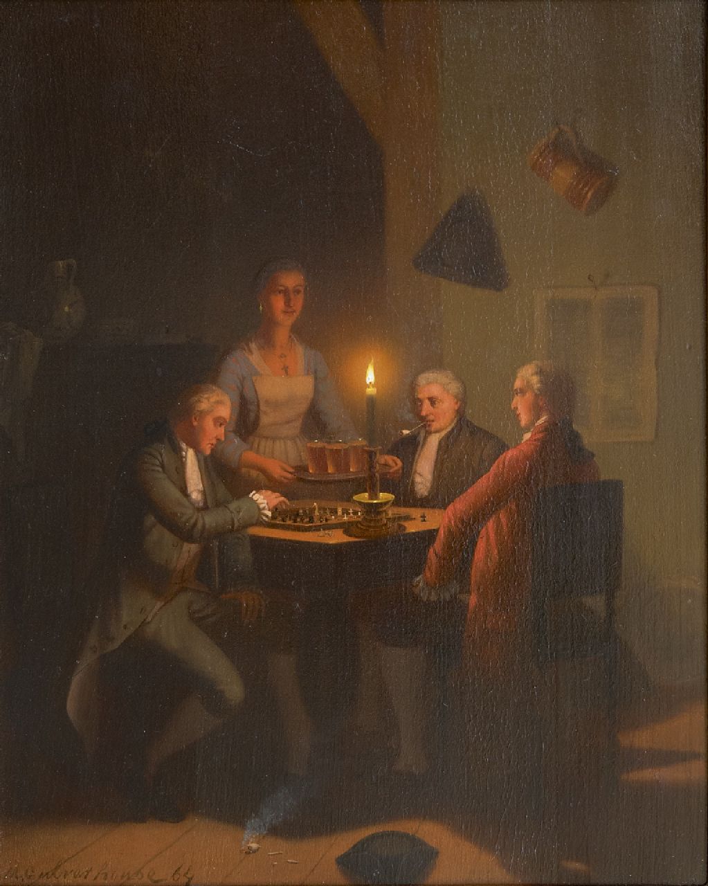 Johan Mengels Culverhouse | Drie bier voor de schaakspelers bij kaarslicht, olieverf op paneel, 26,8 x 21,3 cm, gesigneerd l.o. en gedateerd '64 Johan Mengels Culverhouse | Drie bier voor de schaakspelers bij kaarslicht, olieverf op paneel, 26,8 x 21,3 cm, gesigneerd l.o. en gedateerd '64