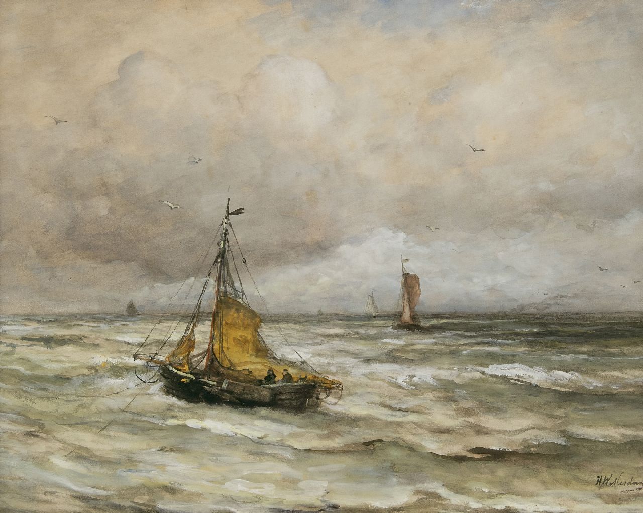 Mesdag H.W. | Hendrik Willem Mesdag, Voor anker in de branding, aquarel en gouache op papier 44,5 x 55,4 cm, gesigneerd r.o Mesdag H.W. | Hendrik Willem Mesdag, Voor anker in de branding, aquarel en gouache op papier 44,5 x 55,4 cm, gesigneerd r.o