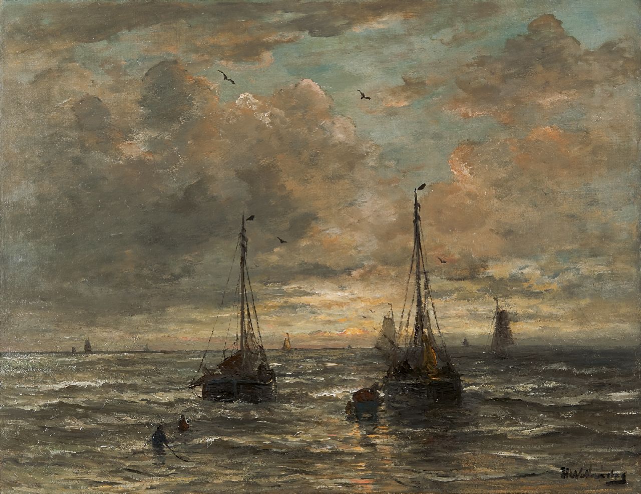 Mesdag H.W. | Hendrik Willem Mesdag, Het uitladen van de vangst, Scheveningen, olieverf op doek 69,0 x 88,2 cm, gesigneerd rechtsonder Mesdag H.W. | Hendrik Willem Mesdag, Het uitladen van de vangst, Scheveningen, olieverf op doek 69,0 x 88,2 cm, gesigneerd rechtsonder