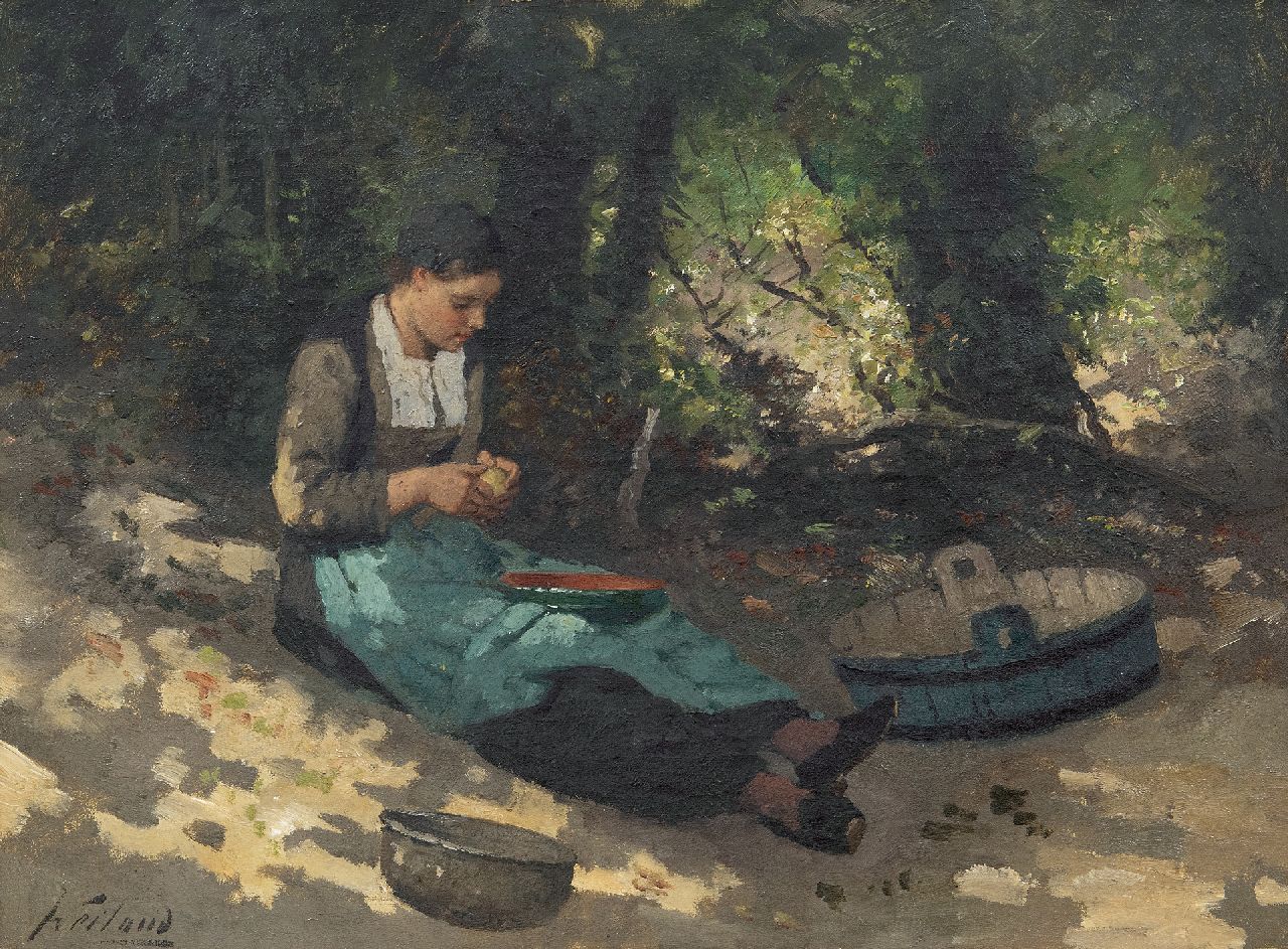 Weiland J. | Johannes Weiland, Aardappels schillen, olieverf op doek 40,3 x 55,4 cm, gesigneerd linksonder Weiland J. | Johannes Weiland, Aardappels schillen, olieverf op doek 40,3 x 55,4 cm, gesigneerd linksonder