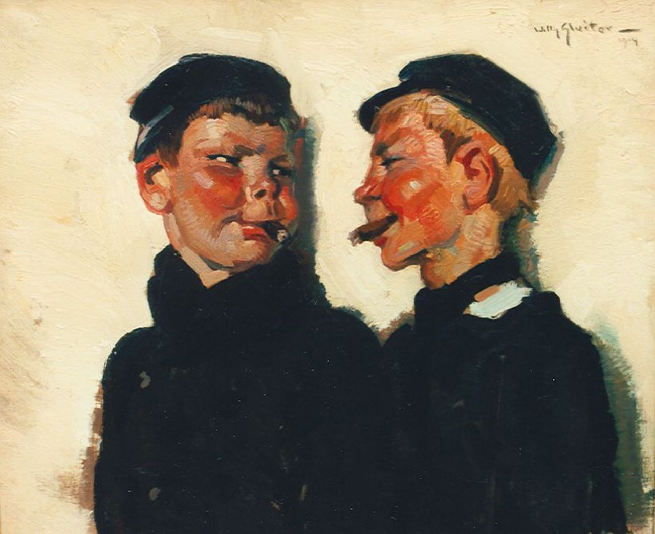 Sluiter J.W. | Jan Willem 'Willy' Sluiter, Boefjes, olieverf op doek op paneel 39,6 x 46,7 cm, gesigneerd rechtsboven en gedateerd 1914 Sluiter J.W. | Jan Willem 'Willy' Sluiter, Boefjes, olieverf op doek op paneel 39,6 x 46,7 cm, gesigneerd rechtsboven en gedateerd 1914