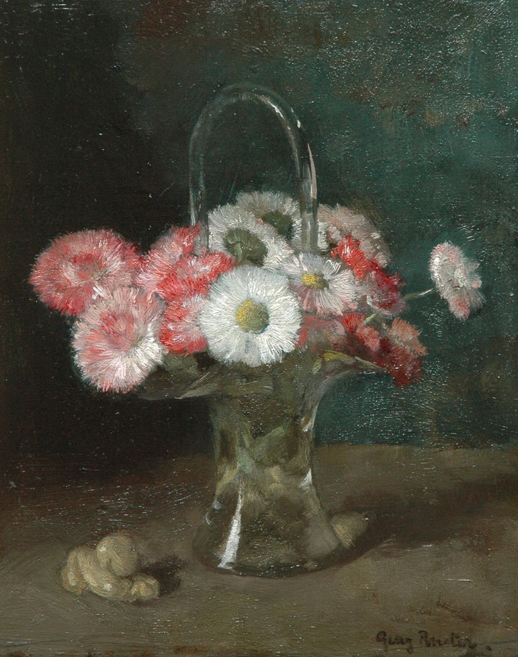 Rueter W.C.G. | Wilhelm Christian 'Georg' Rueter, Bloemen in glazen vaasje, olieverf op paneel 23,6 x 19,5 cm, gesigneerd rechtsonder Rueter W.C.G. | Wilhelm Christian 'Georg' Rueter, Bloemen in glazen vaasje, olieverf op paneel 23,6 x 19,5 cm, gesigneerd rechtsonder
