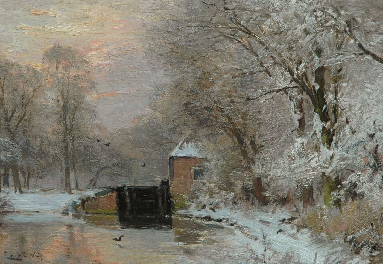 Apol L.F.H. | Lodewijk Franciscus Hendrik 'Louis' Apol, Winters bosgezicht met sluisje, bij ondergaande zon, olieverf op paneel 26,5 x 38,0 cm, gesigneerd linksonder Apol L.F.H. | Lodewijk Franciscus Hendrik 'Louis' Apol, Winters bosgezicht met sluisje, bij ondergaande zon, olieverf op paneel 26,5 x 38,0 cm, gesigneerd linksonder