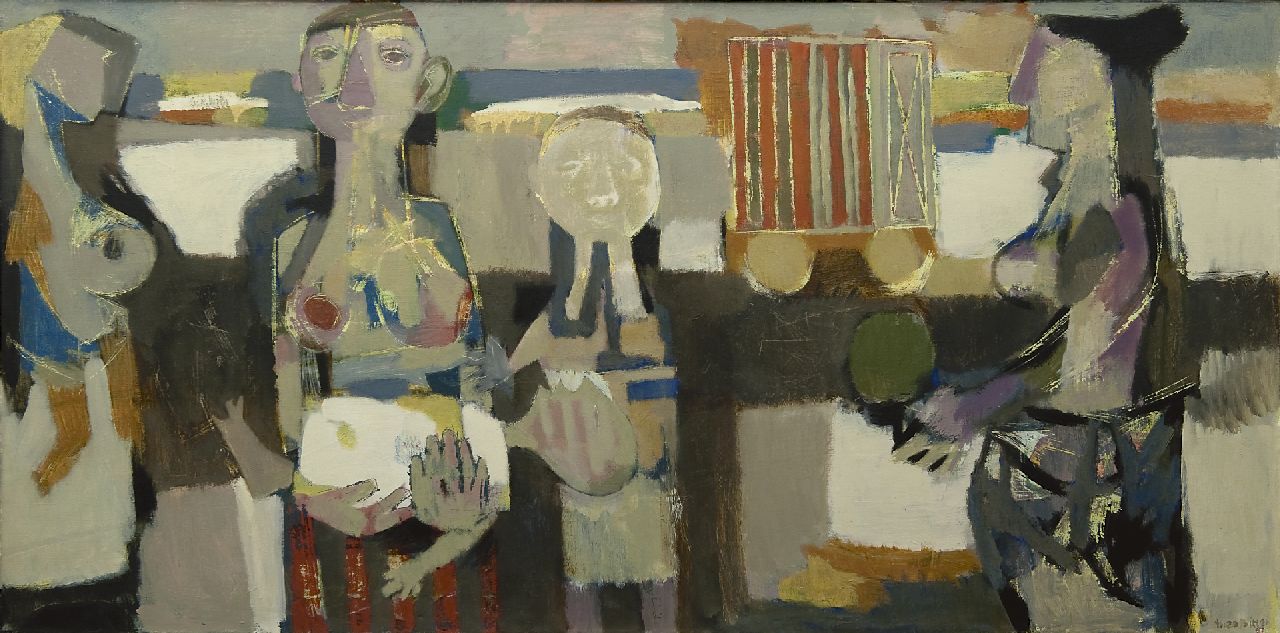 Bitter T. | Theodorus 'Theo' Bitter, Compositie met moeder en kind, olieverf op doek 64,9 x 129,8 cm, gesigneerd rechtsonder en op spieraam en gedateerd op spieraam '63 Bitter T. | Theodorus 'Theo' Bitter, Compositie met moeder en kind, olieverf op doek 64,9 x 129,8 cm, gesigneerd rechtsonder en op spieraam en gedateerd op spieraam '63