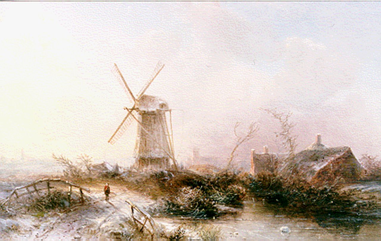 Kluyver P.L.F.  | 'Pieter' Lodewijk Francisco Kluyver, Winterlandschap met molen, olieverf op paneel 24,1 x 35,8 cm, gesigneerd linksonder