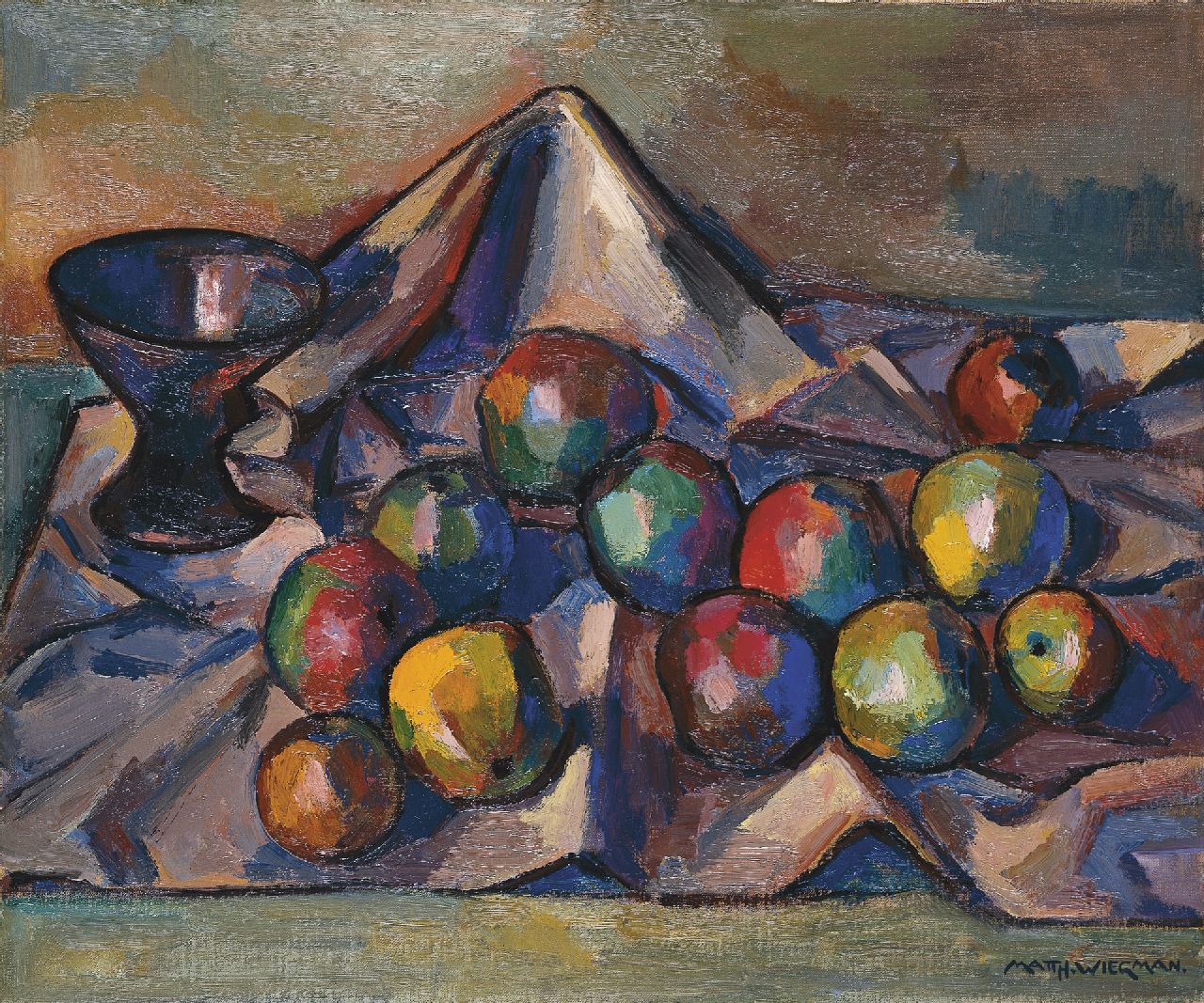 Wiegman M.J.M. | Mattheus Johannes Marie 'Matthieu' Wiegman, Stilleven met appelen, olieverf op doek op paneel 54,2 x 65,2 cm, gesigneerd rechtsonder en verso gedateerd 1956 Wiegman M.J.M. | Mattheus Johannes Marie 'Matthieu' Wiegman, Stilleven met appelen, olieverf op doek op paneel 54,2 x 65,2 cm, gesigneerd rechtsonder en verso gedateerd 1956