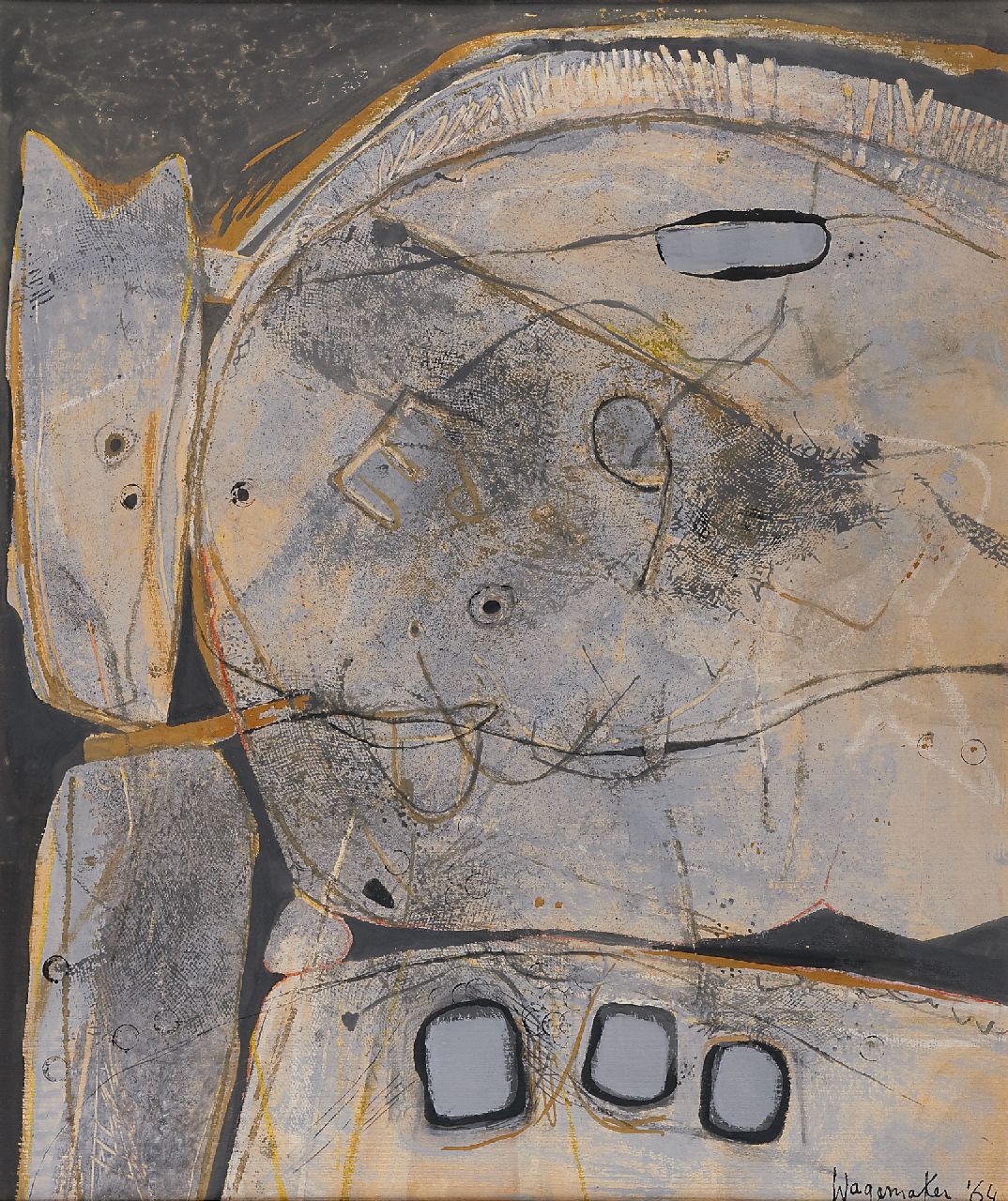Wagemaker A.B. | Adriaan Barend 'Jaap' Wagemaker, Compositie, gemengde techniek op papier 73,3 x 61,8 cm, gesigneerd r.o en verso en gedateerd '64 r.o. en verso Wagemaker A.B. | Adriaan Barend 'Jaap' Wagemaker, Compositie, gemengde techniek op papier 73,3 x 61,8 cm, gesigneerd r.o en verso en gedateerd '64 r.o. en verso