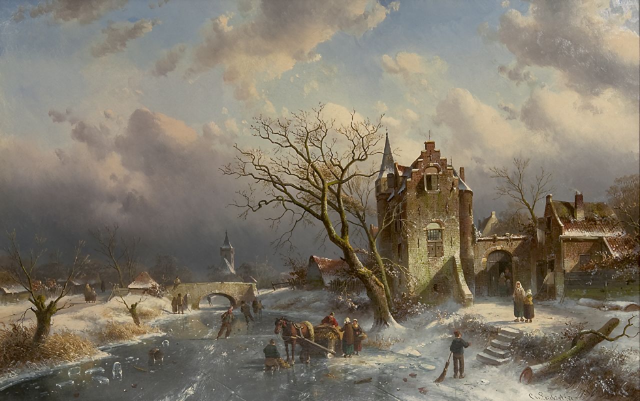 Leickert C.H.J.  | 'Charles' Henri Joseph Leickert, Schaatsers op een dorpsvaart, olieverf op doek 63,7 x 100,0 cm, gesigneerd rechtsonder en gedateerd '71