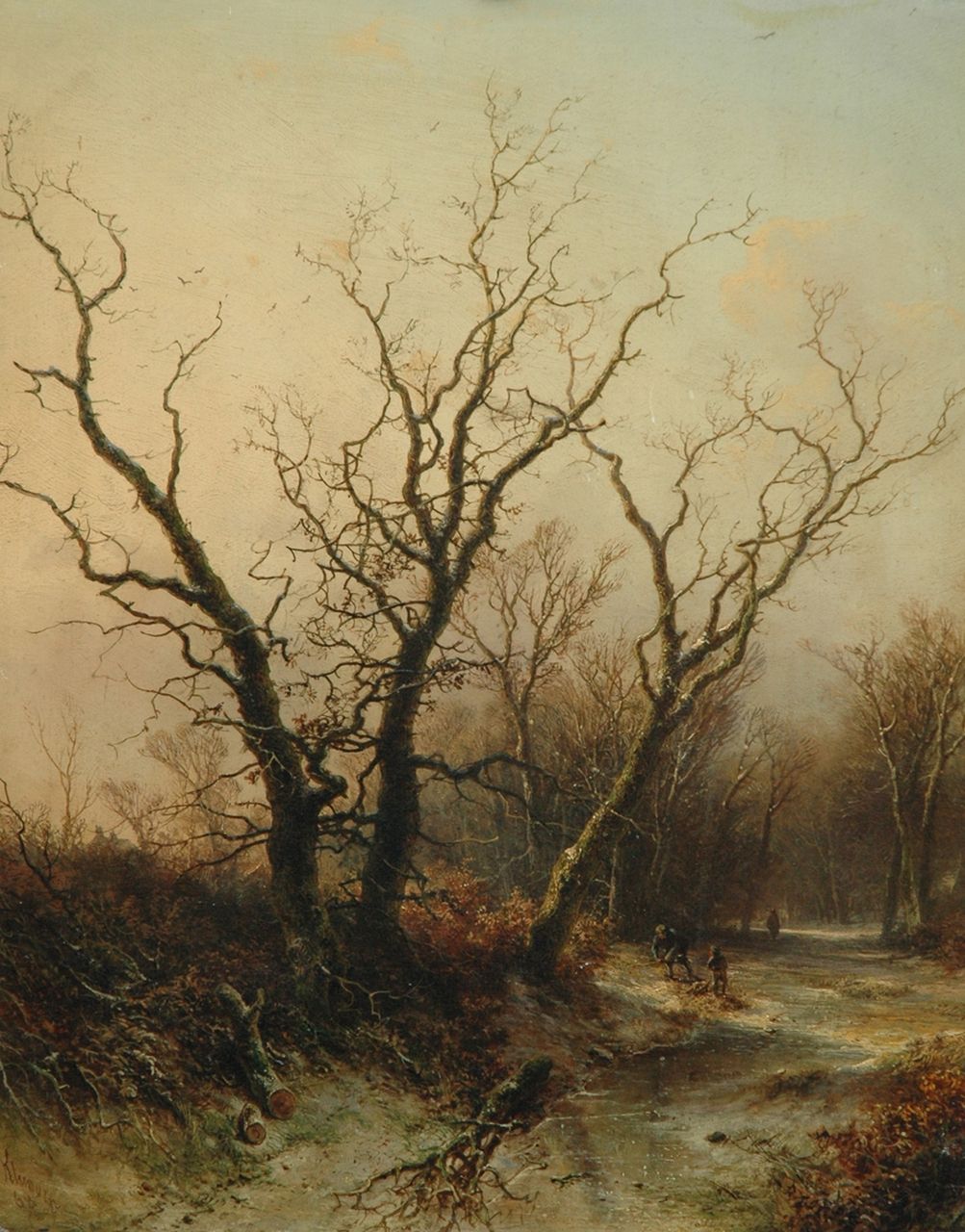 Kluyver P.L.F. | 'Pieter' Lodewijk Francisco Kluyver, Winters boslandschap met houtsprokkelaars, olieverf op paneel 54,2 x 43,0 cm, gesigneerd linksonder en gedateerd '68 Kluyver P.L.F. | 'Pieter' Lodewijk Francisco Kluyver, Winters boslandschap met houtsprokkelaars, olieverf op paneel 54,2 x 43,0 cm, gesigneerd linksonder en gedateerd '68