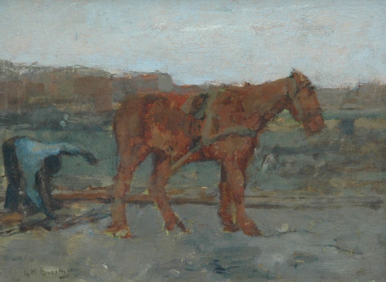 Breitner G.H.  | George Hendrik Breitner, Sleper met zijn paard, olieverf op paneel 14,0 x 18,3 cm, gesigneerd linksonder
