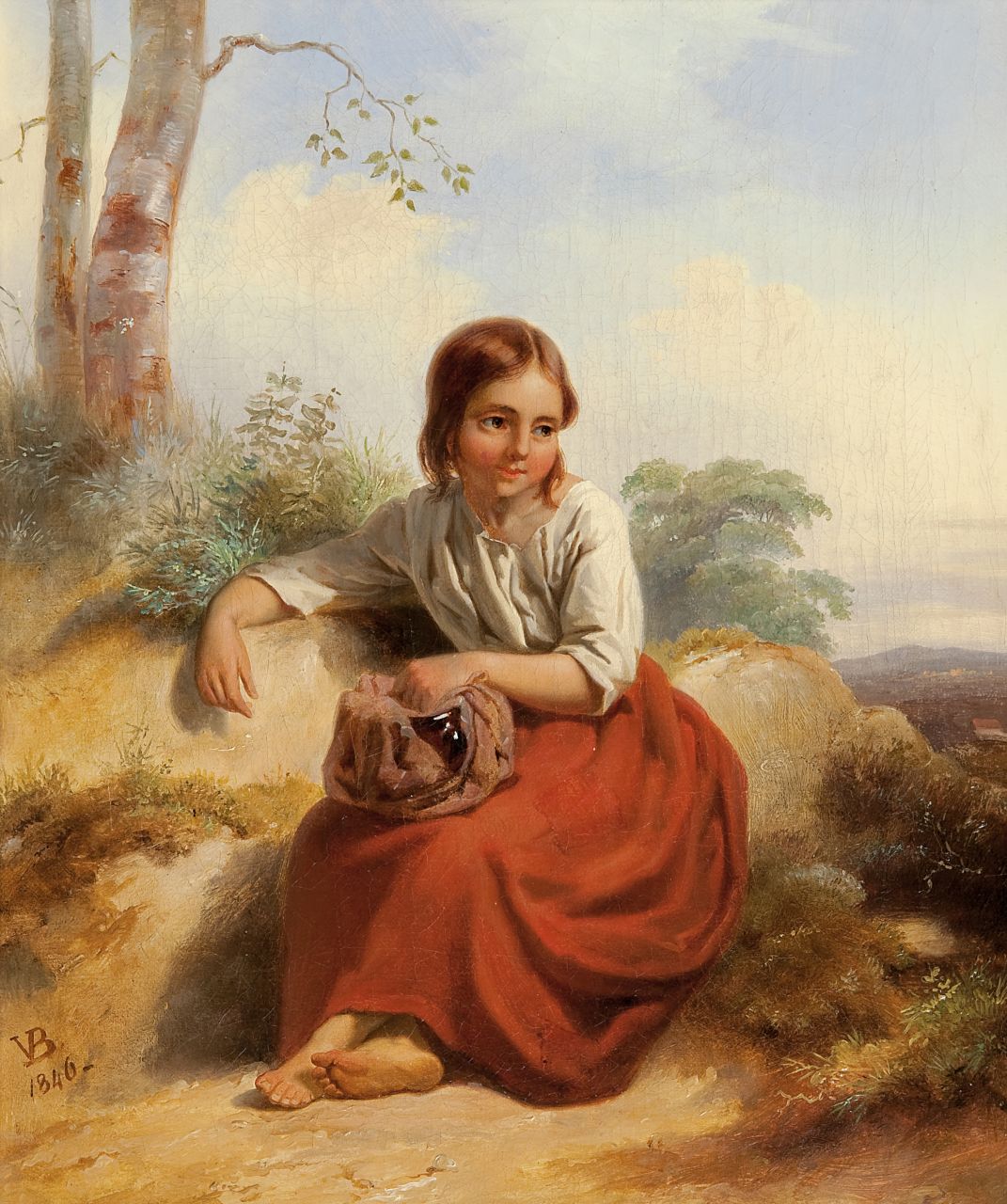 Bing V. | Valentijn Bing, Herderinnetje, olieverf op doek 33,8 x 27,7 cm, gesigneerd linksonder met monogram en gedateerd 1846 Bing V. | Valentijn Bing, Herderinnetje, olieverf op doek 33,8 x 27,7 cm, gesigneerd linksonder met monogram en gedateerd 1846