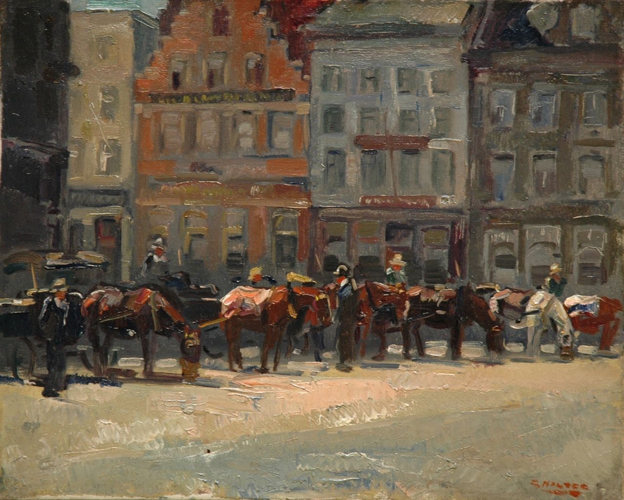 Noltee B.C. | Bernardus Cornelis 'Cor' Noltee, Wachtende rijtuigen op het Scheffersplein, Dordrecht, olieverf op doek 40,5 x 50,4 cm, gesigneerd rechtsonder Noltee B.C. | Bernardus Cornelis 'Cor' Noltee, Wachtende rijtuigen op het Scheffersplein, Dordrecht, olieverf op doek 40,5 x 50,4 cm, gesigneerd rechtsonder