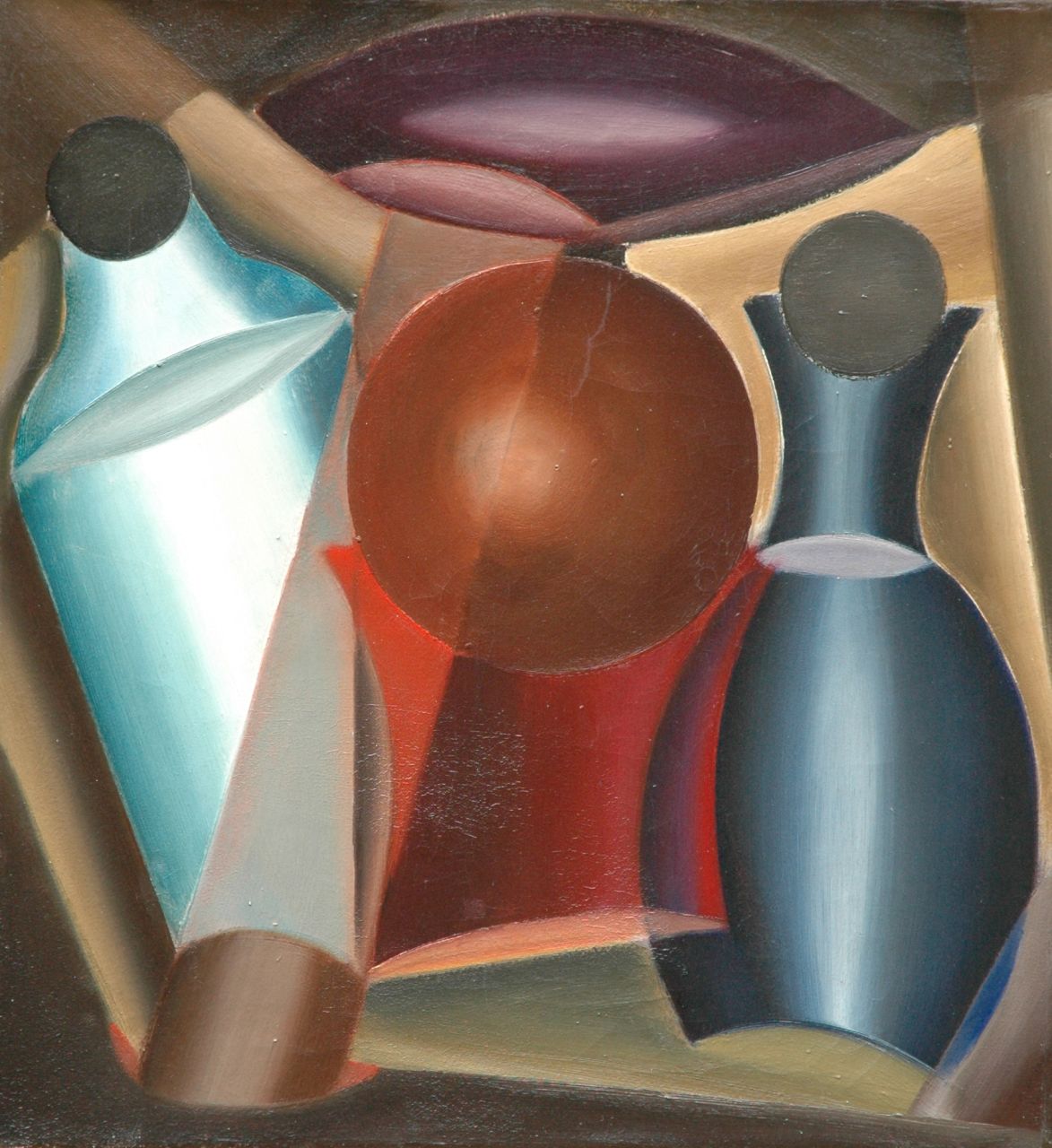 Rinsema T. | Thijs Rinsema, Compositie met flessen, olieverf op doek 45,9 x 42,4 cm, gesigneerd verso en te dateren ca. 1922-1930 Rinsema T. | Thijs Rinsema, Compositie met flessen, olieverf op doek 45,9 x 42,4 cm, gesigneerd verso en te dateren ca. 1922-1930