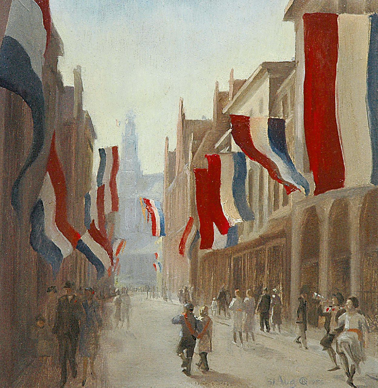 Gerbrands R.  | Roelf Gerbrands, Feest in de Jansstraat, Haarlem, voor de geboorte van Prinses Irene op 5 augustus 1939, olieverf op paneel 22,4 x 22,0 cm, gesigneerd rechtsonder met monogram en gedateerd 31 Aug. 1939
