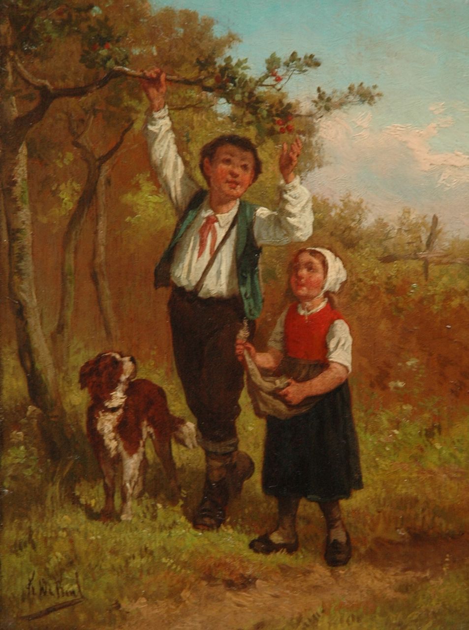 Beul F. de | Frans de Beul, Kersen plukken, olieverf op paneel 24,0 x 17,6 cm, gesigneerd linksonder