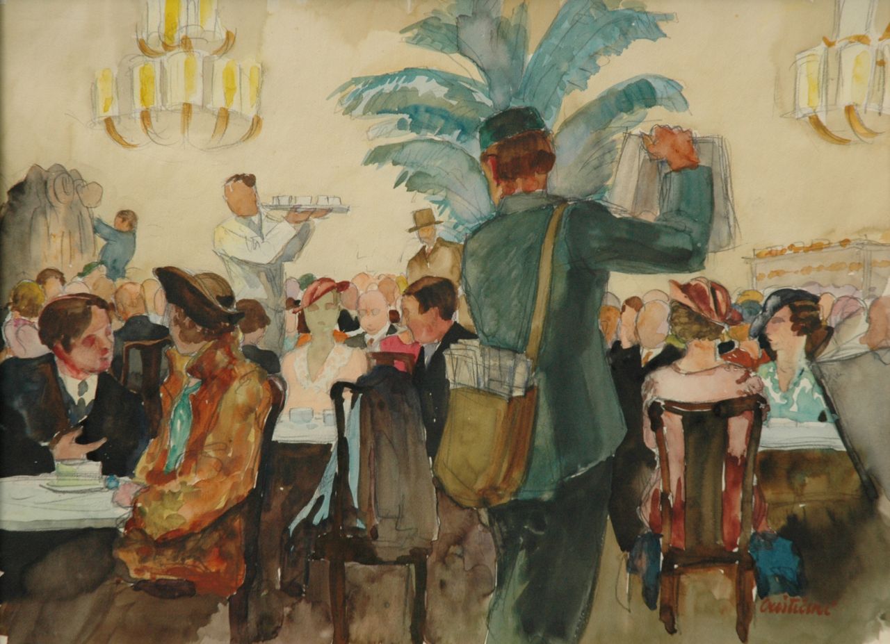 Cristiani M. | Mateo Cristiani, Koffiehuisscène in Frankfurt, potlood en aquarel op papier 36,9 x 49,9 cm, gesigneerd rechtsonder Cristiani M. | Mateo Cristiani, Koffiehuisscène in Frankfurt, potlood en aquarel op papier 36,9 x 49,9 cm, gesigneerd rechtsonder
