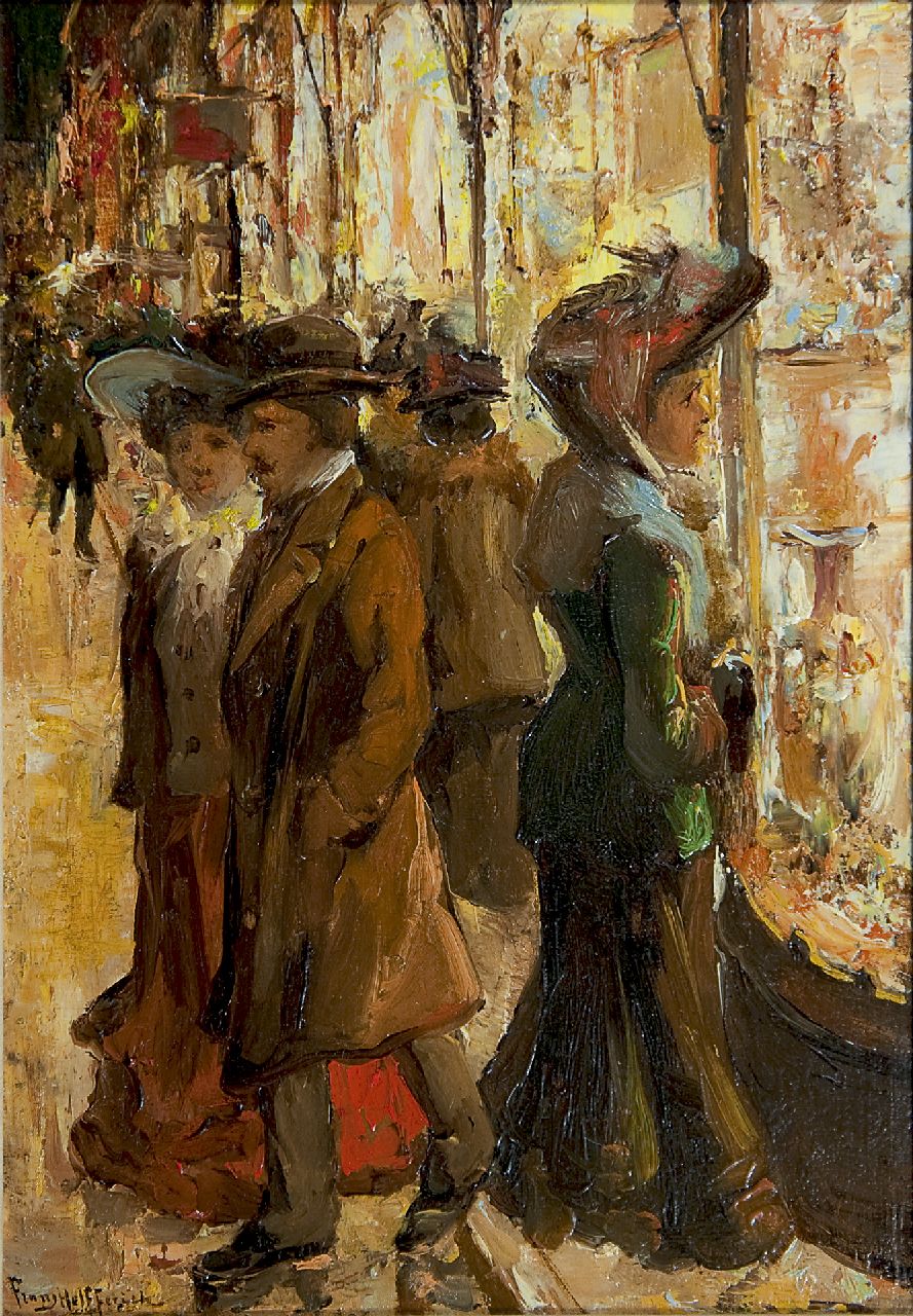 Helfferich F.W. | Franciscus Willem 'Frans' Helfferich, Etalages kijken bij avond in de Venestraat, Den Haag, olieverf op paneel 27,1 x 18,8 cm, gesigneerd linksonder Helfferich F.W. | Franciscus Willem 'Frans' Helfferich, Etalages kijken bij avond in de Venestraat, Den Haag, olieverf op paneel 27,1 x 18,8 cm, gesigneerd linksonder