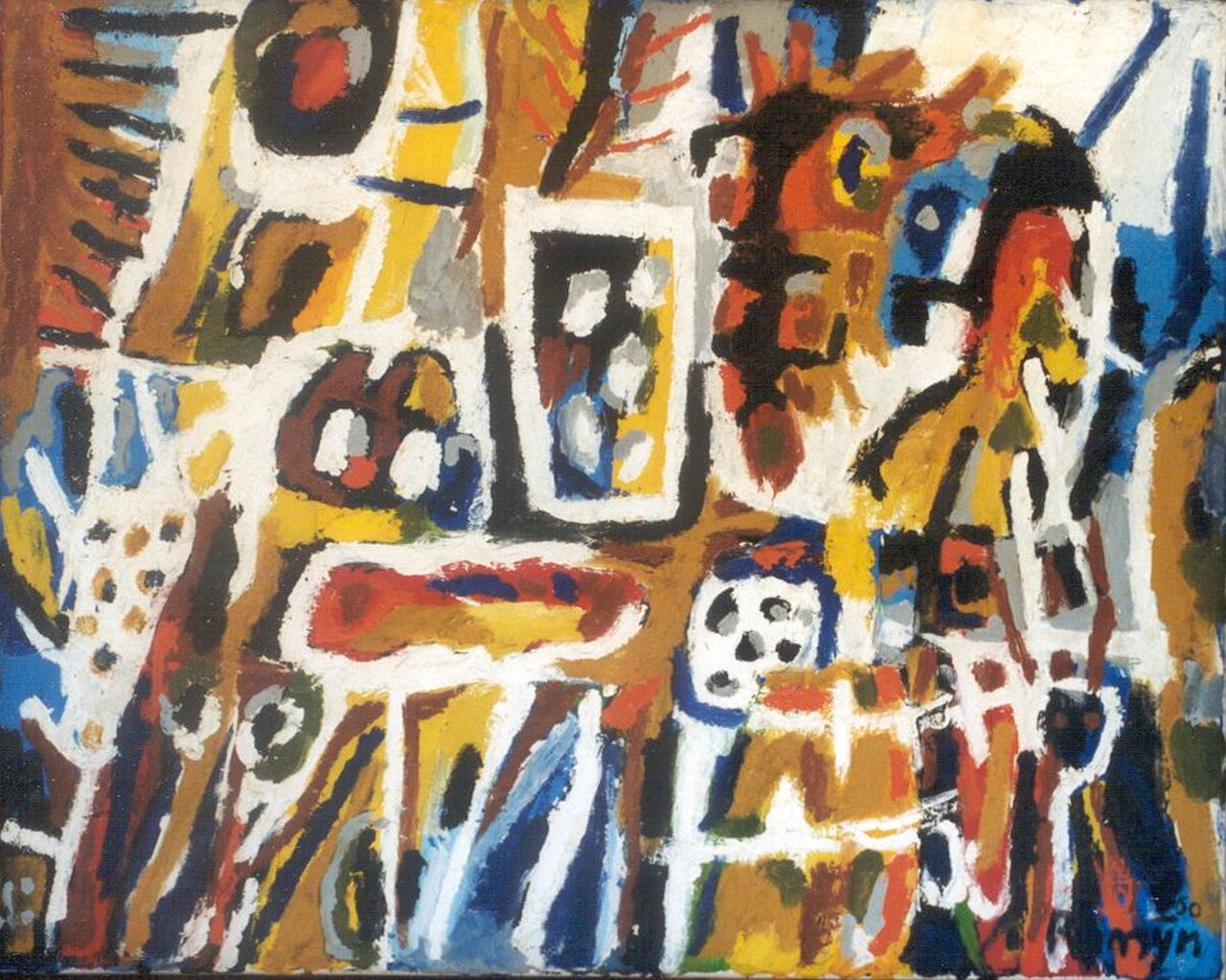 Romijn G.A.M. | Gustavus Adrianus Maria 'Gust' Romijn, Compositie, olieverf op doek 80,0 x 100,0 cm, gesigneerd rechtsonder en verso en gedateerd '50 r.o. en verso Romijn G.A.M. | Gustavus Adrianus Maria 'Gust' Romijn, Compositie, olieverf op doek 80,0 x 100,0 cm, gesigneerd rechtsonder en verso en gedateerd '50 r.o. en verso