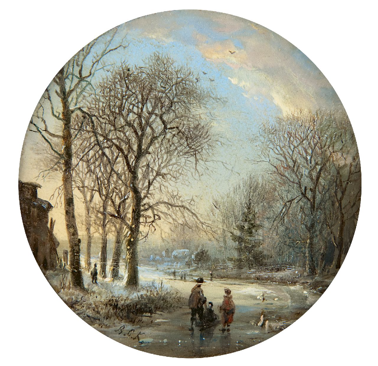 Koekkoek B.C. | Barend Cornelis Koekkoek, Winterlandschap met schaatsers bij ondergaande zon, olieverf op koper 7,0 x 7,0 cm, gesigneerd linksonder met initialen en te dateren ca. 1827-1830 Koekkoek B.C. | Barend Cornelis Koekkoek, Winterlandschap met schaatsers bij ondergaande zon, olieverf op koper 7,0 x 7,0 cm, gesigneerd linksonder met initialen en te dateren ca. 1827-1830