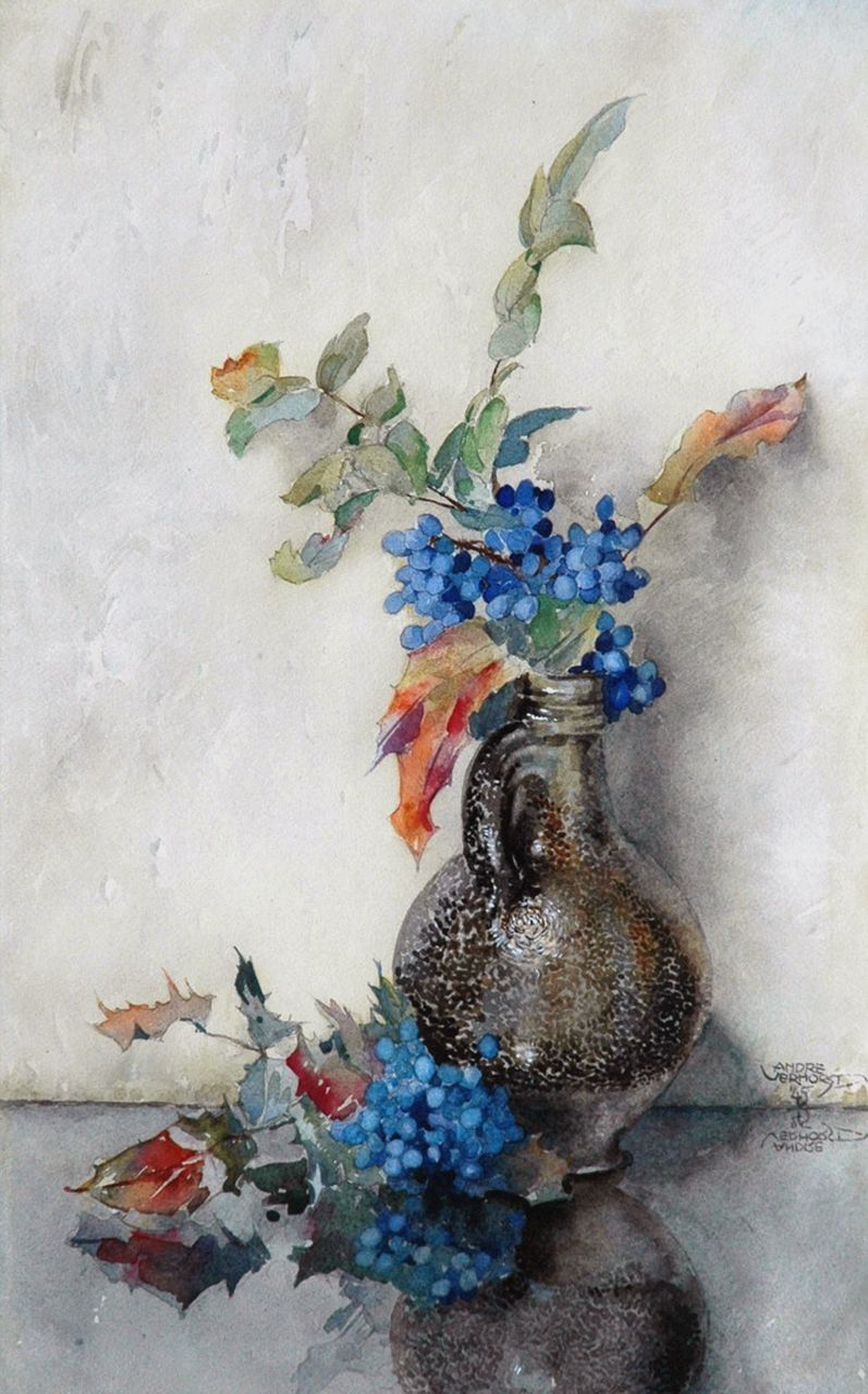 Verhorst A.J.  | Andreas Jacobus 'André J.' Verhorst, Stenen kruik met Mahonia-takken, aquarel op papier 47,0 x 30,0 cm, gesigneerd rechtsonder en gedateerd '45
