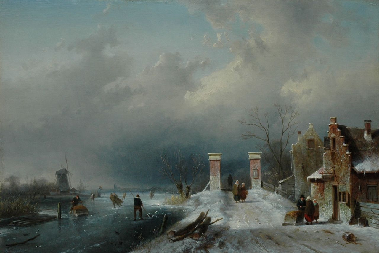 Leickert C.H.J. | 'Charles' Henri Joseph Leickert, IJsgezicht met jaagpad en tolhek te Warmond, olieverf op paneel 32,0 x 47,2 cm, gesigneerd linksonder en op uithangbord en gedateerd 1861 Leickert C.H.J. | 'Charles' Henri Joseph Leickert, IJsgezicht met jaagpad en tolhek te Warmond, olieverf op paneel 32,0 x 47,2 cm, gesigneerd linksonder en op uithangbord en gedateerd 1861