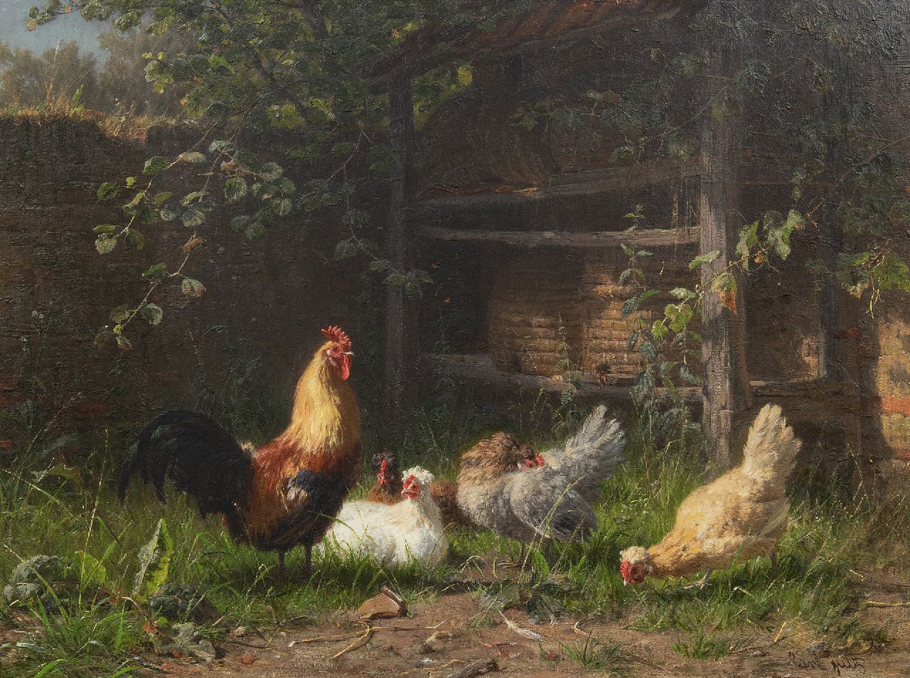 Jutz C. | Carl Jutz, Haan en kippen bij bijenkorven, olieverf op doek 43,0 x 58,0 cm, gesigneerd rechtsonder Jutz C. | Carl Jutz, Haan en kippen bij bijenkorven, olieverf op doek 43,0 x 58,0 cm, gesigneerd rechtsonder