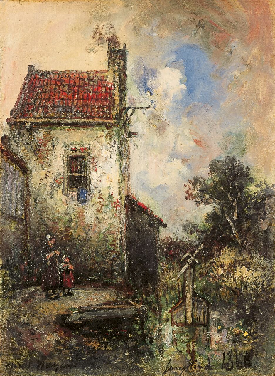 Jongkind J.B. | Johan Barthold Jongkind, Twee kinderen bij een huis, olieverf op doek 33,0 x 24,8 cm, gesigneerd rechtsonder en gedateerd 1868 Jongkind J.B. | Johan Barthold Jongkind, Twee kinderen bij een huis, olieverf op doek 33,0 x 24,8 cm, gesigneerd rechtsonder en gedateerd 1868