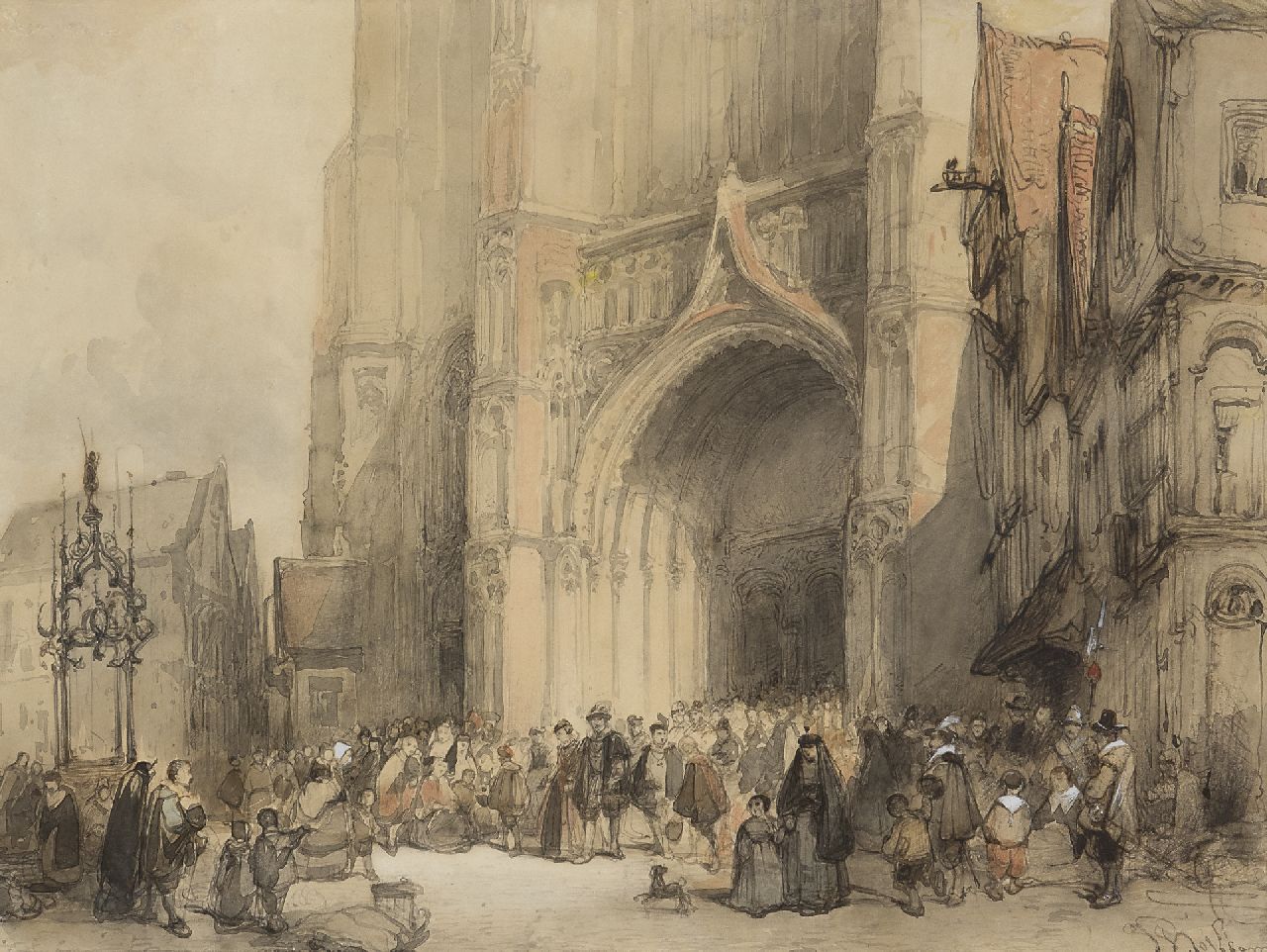 Bosboom J.  | Johannes Bosboom, Na de mis in de kathedraal van Antwerpen, inkt, krijt en aquarel op papier 30,7 x 40,7 cm, gesigneerd rechtsonder