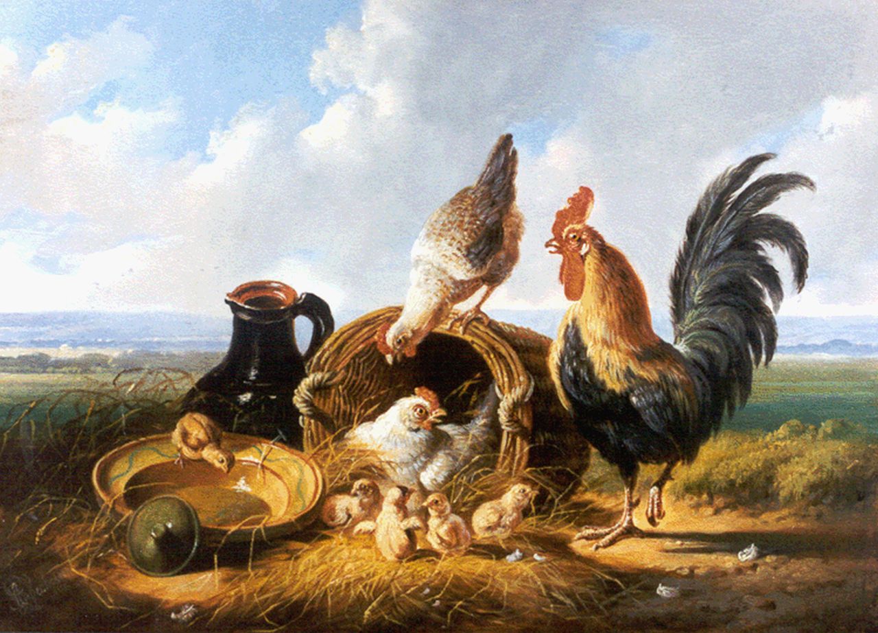 Verhoesen A. | Albertus Verhoesen, Haan met hen en kuikens in een landschap, olieverf op paneel 17,8 x 24,3 cm, gesigneerd linksonder en gedateerd 1879 Verhoesen A. | Albertus Verhoesen, Haan met hen en kuikens in een landschap, olieverf op paneel 17,8 x 24,3 cm, gesigneerd linksonder en gedateerd 1879