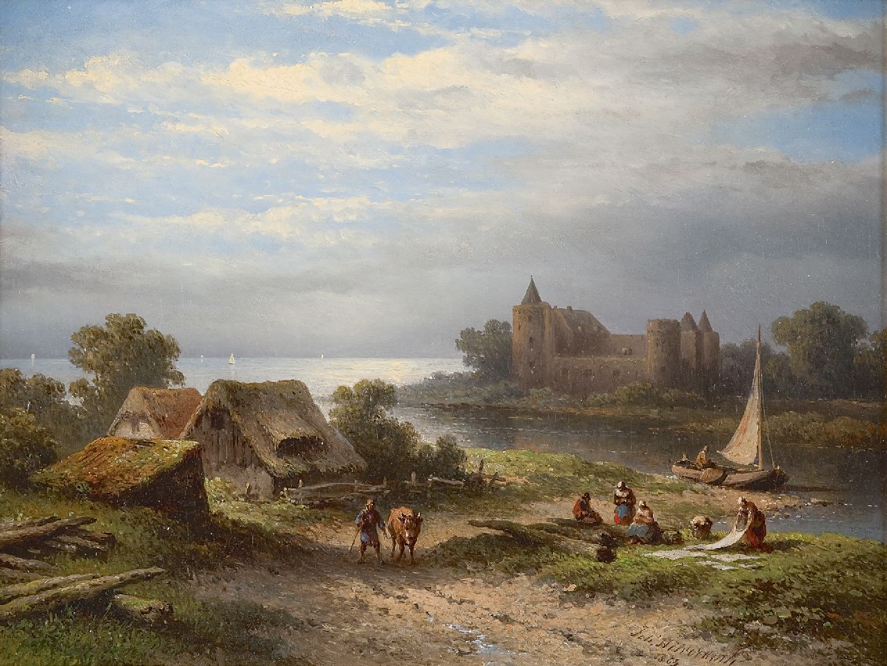 Hilverdink J.  | Johannes Hilverdink, Gezicht op de monding van de Vecht met het Muiderslot, olieverf op doek op paneel 36,8 x 47,2 cm, gesigneerd rechtsonder en gedateerd 1863
