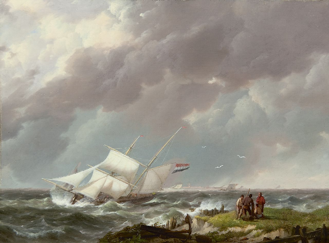 Koekkoek H. | Hermanus Koekkoek, Schoenerbrik op woelige zee, bij een havenmond, olieverf op paneel 21,9 x 29,5 cm, gesigneerd rechtsonder met initialen Koekkoek H. | Hermanus Koekkoek, Schoenerbrik op woelige zee, bij een havenmond, olieverf op paneel 21,9 x 29,5 cm, gesigneerd rechtsonder met initialen