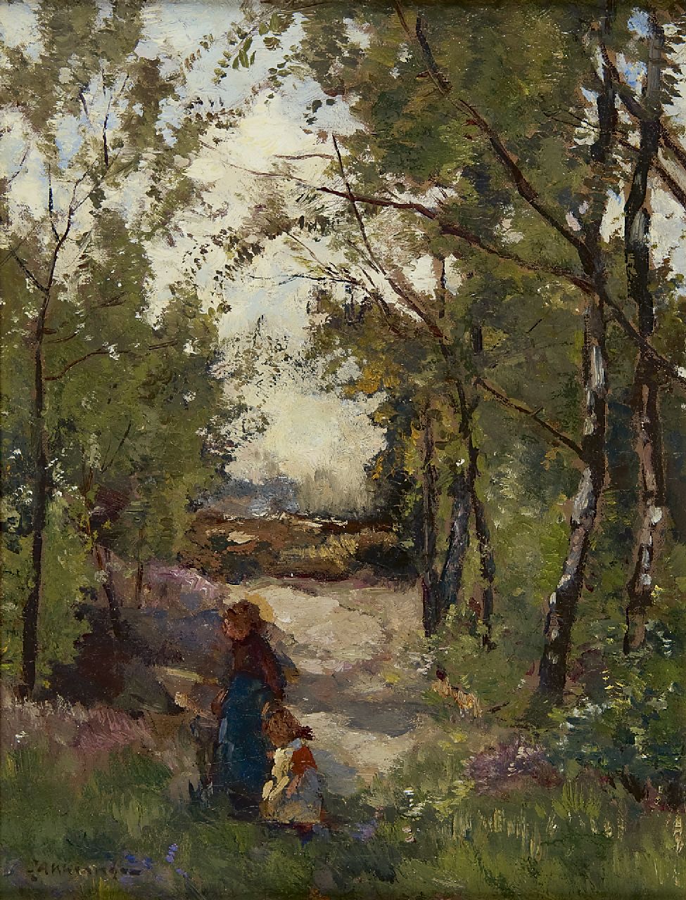 Akkeringa J.E.H. | 'Johannes Evert' Hendrik Akkeringa, Aan de hand van moeder in het bos, olieverf op doek 33,3 x 24,6 cm, gesigneerd linksonder Akkeringa J.E.H. | 'Johannes Evert' Hendrik Akkeringa, Aan de hand van moeder in het bos, olieverf op doek 33,3 x 24,6 cm, gesigneerd linksonder