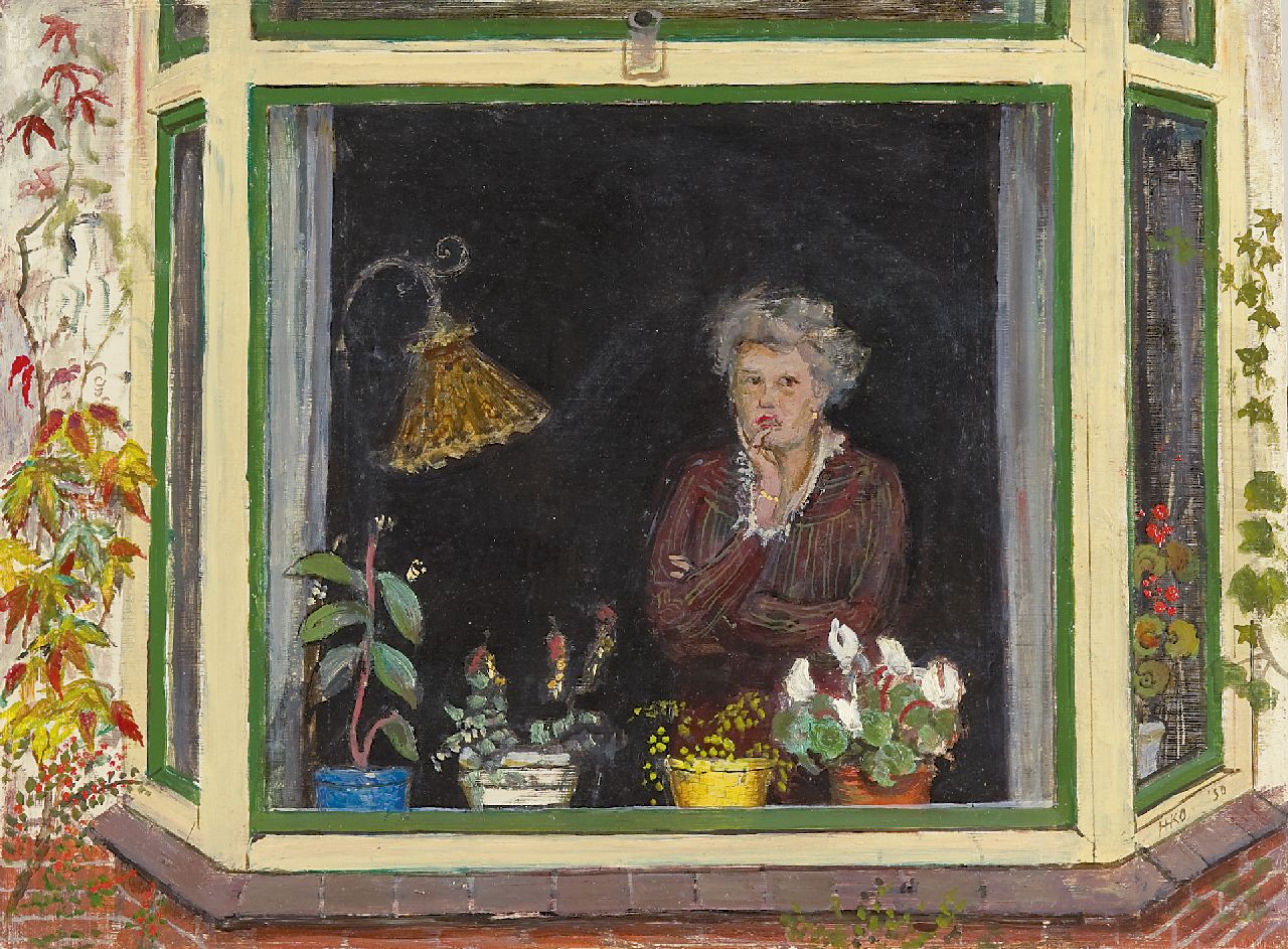 Kamerlingh Onnes H.H.  | 'Harm' Henrick Kamerlingh Onnes, Vrouw in erker, olieverf op board 30,2 x 40,0 cm, gesigneerd rechtsonder met monogram en gedateerd '50