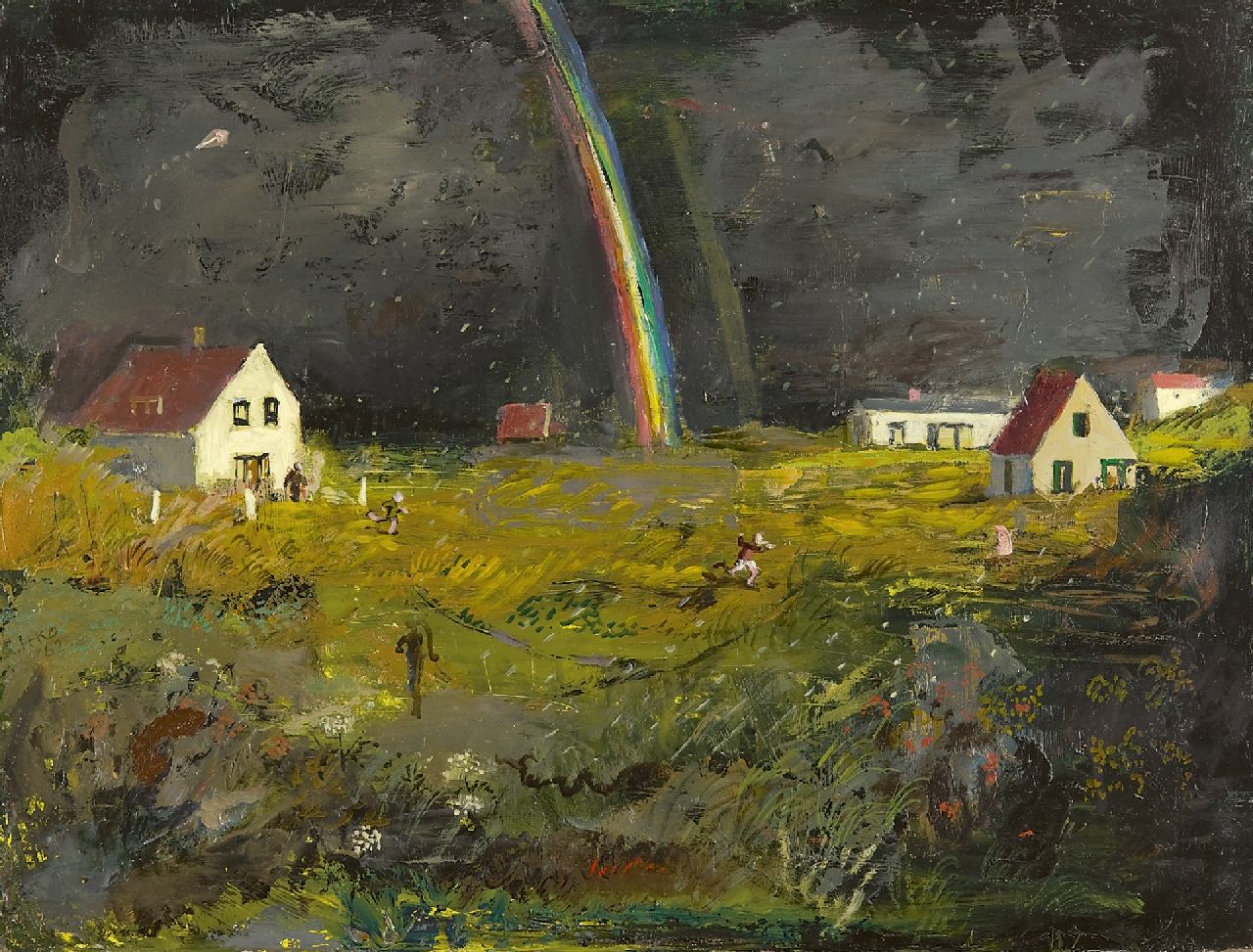 Kamerlingh Onnes H.H. | 'Harm' Henrick Kamerlingh Onnes, Regenboog op Terschelling, olieverf op board 30,5 x 40,2 cm, gesigneerd l.m met monogram en gedateerd '62 Kamerlingh Onnes H.H. | 'Harm' Henrick Kamerlingh Onnes, Regenboog op Terschelling, olieverf op board 30,5 x 40,2 cm, gesigneerd l.m met monogram en gedateerd '62