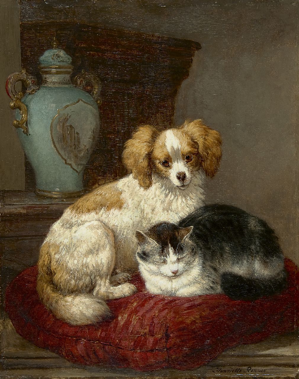 Ronner-Knip H.  | Henriette Ronner-Knip, Goede vrienden, olieverf op paneel 45,9 x 36,7 cm, gesigneerd rechtsonder