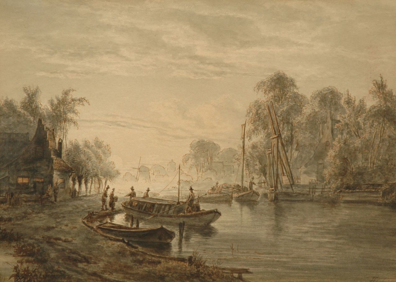 Abels J.Th.  | 'Jacobus' Theodorus Abels, Reizigers bij een trekschuit bij zonsopgang, pen en penseel in bruine en zwarte inkt op papier 23,0 x 32,5 cm, gesigneerd rechtsonder en gedateerd 1849