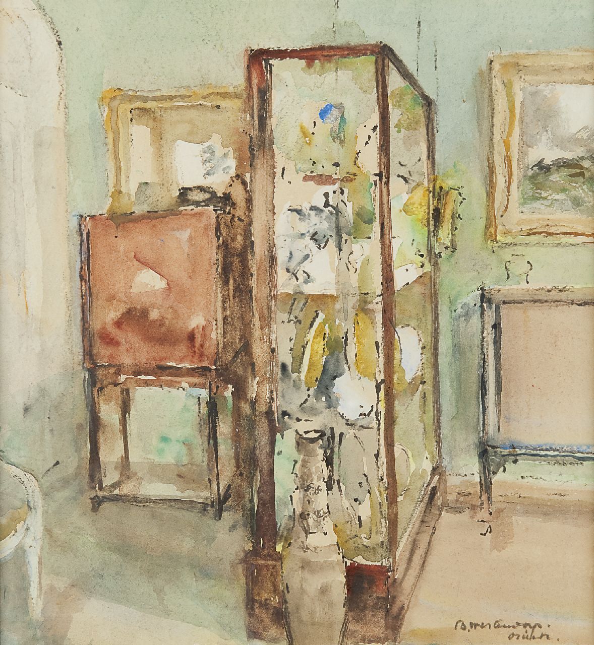 Betsy Osieck | Interieur met vitrine, aquarel op papier, 32,0 x 30,0 cm, gesigneerd r.o. Betsy Osieck | Interieur met vitrine, aquarel op papier, 32,0 x 30,0 cm, gesigneerd r.o.