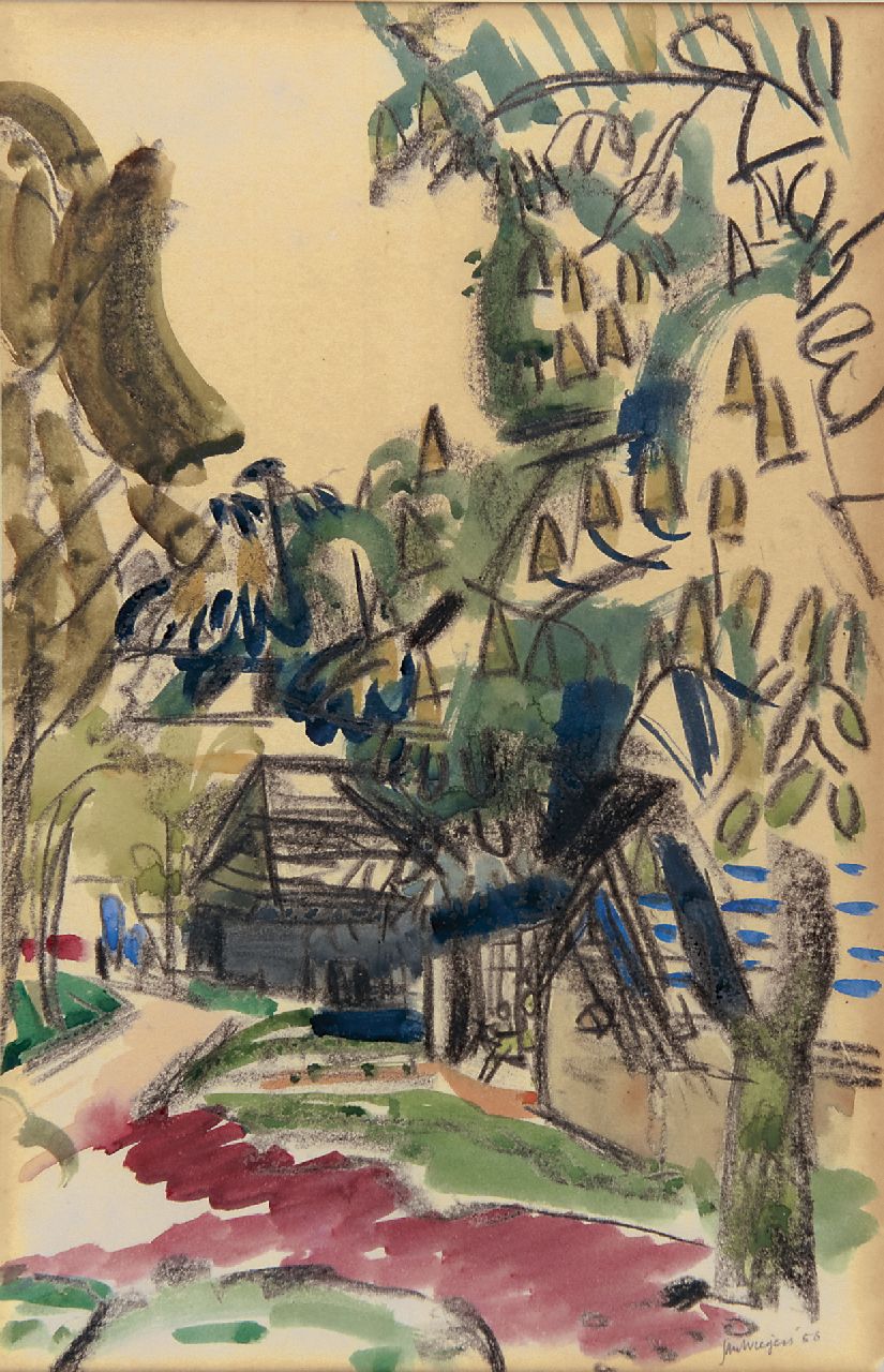 Wiegers J. | Jan Wiegers, Landweg met huizen en bomen, zwart krijt en aquarel op papier 38,4 x 25,2 cm, gesigneerd rechtsonder en gedateerd '56 Wiegers J. | Jan Wiegers, Landweg met huizen en bomen, zwart krijt en aquarel op papier 38,4 x 25,2 cm, gesigneerd rechtsonder en gedateerd '56