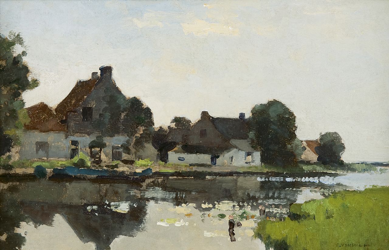 Vreedenburgh C.  | Cornelis Vreedenburgh, Huizen aan het water, olieverf op paneel 24,0 x 37,5 cm, gesigneerd rechtsonder
