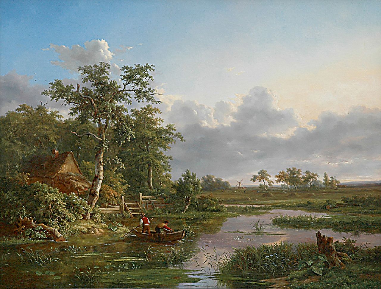 Coene J.B. | Jean-Baptiste Coene, Romantisch landschap met boerderij en visser, olieverf op doek 99,7 x 130,0 cm, gesigneerd rechtsonder en gedateerd 1851 Coene J.B. | Jean-Baptiste Coene, Romantisch landschap met boerderij en visser, olieverf op doek 99,7 x 130,0 cm, gesigneerd rechtsonder en gedateerd 1851