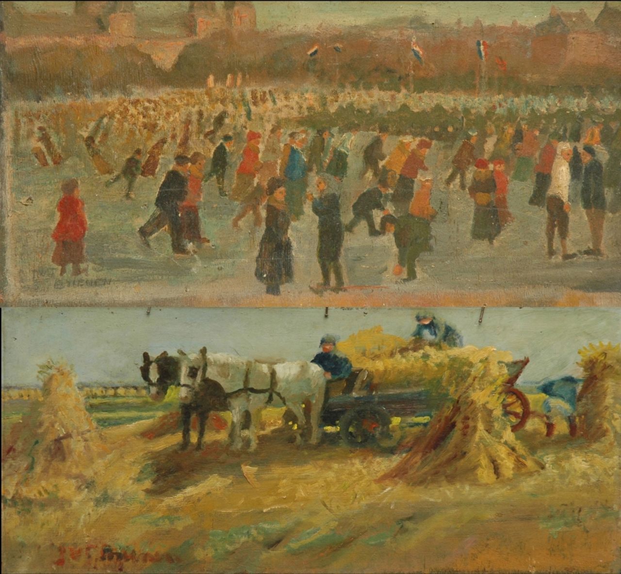 Brienen J. | Jos Brienen, Schaatspret op het Museumplein in Amsterdam; verso: Oogstende boeren, olieverf op paneel 28,5 x 54,3 cm, gesigneerd linksonder en verso Brienen J. | Jos Brienen, Schaatspret op het Museumplein in Amsterdam; verso: Oogstende boeren, olieverf op paneel 28,5 x 54,3 cm, gesigneerd linksonder en verso