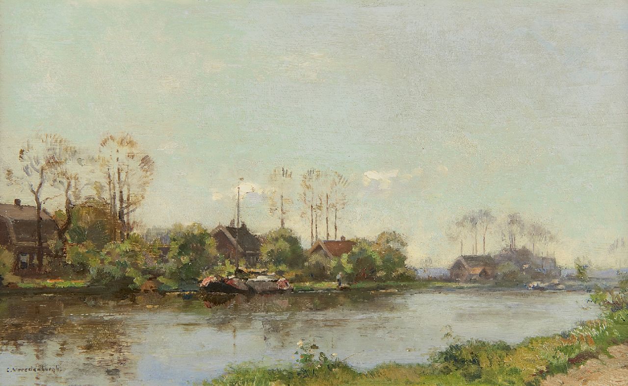 Vreedenburgh C. | Cornelis Vreedenburgh, Afgemeerde platbodem op Hollandse vaart, olieverf op paneel 21,3 x 34,9 cm, gesigneerd linksonder Vreedenburgh C. | Cornelis Vreedenburgh, Afgemeerde platbodem op Hollandse vaart, olieverf op paneel 21,3 x 34,9 cm, gesigneerd linksonder