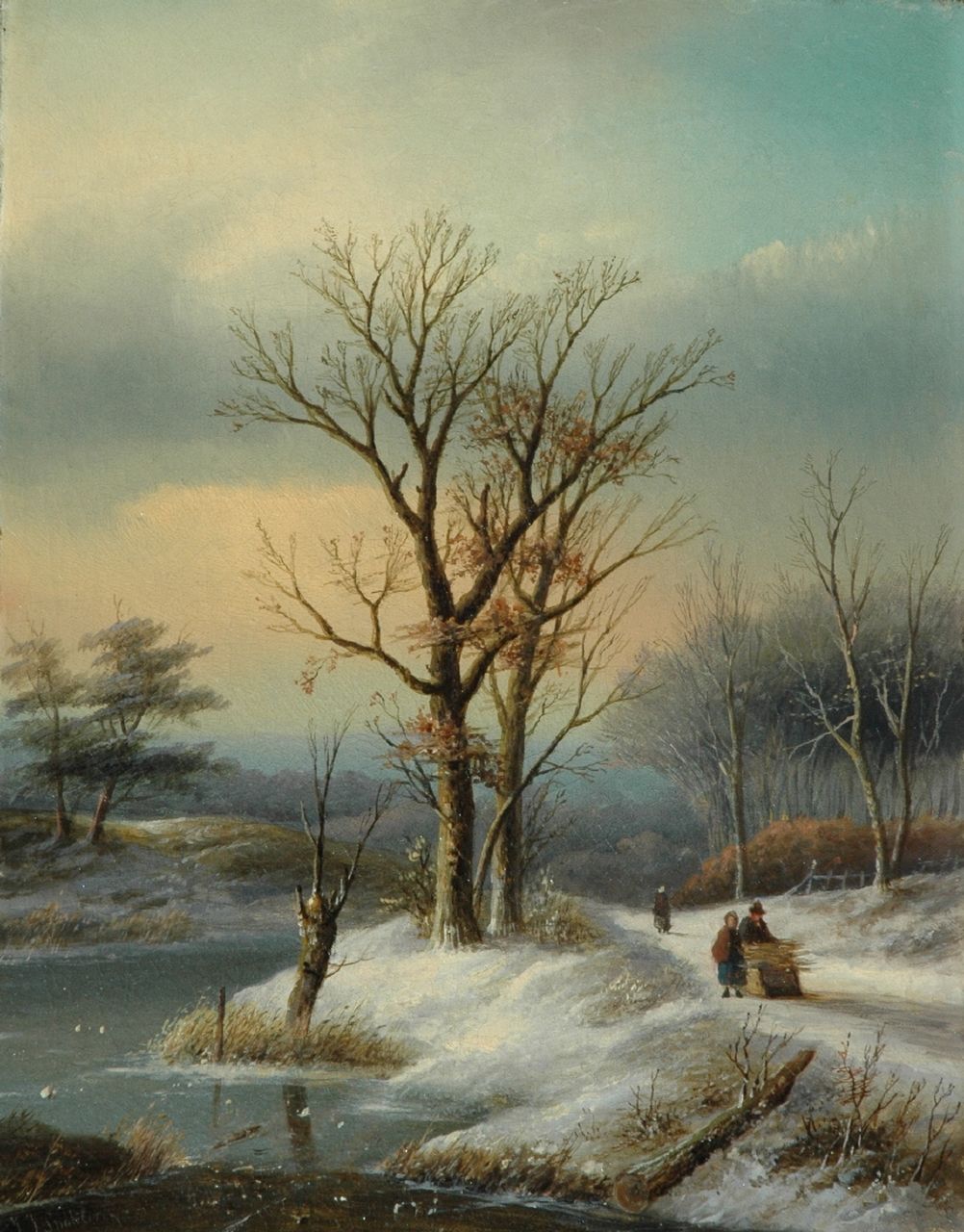 Spohler J.J. | Jan Jacob Spohler, Figuren met duwslede op besneeuwd winters bospad, olieverf op doek 38,6 x 30,7 cm Spohler J.J. | Jan Jacob Spohler, Figuren met duwslede op besneeuwd winters bospad, olieverf op doek 38,6 x 30,7 cm