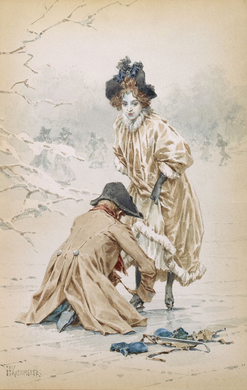 Kaemmerer F.H. | Frederik Hendrik Kaemmerer, Het onderbinden van de schaatsen, aquarel op papier 27,0 x 18,0 cm, gesigneerd linksonder Kaemmerer F.H. | Frederik Hendrik Kaemmerer, Het onderbinden van de schaatsen, aquarel op papier 27,0 x 18,0 cm, gesigneerd linksonder